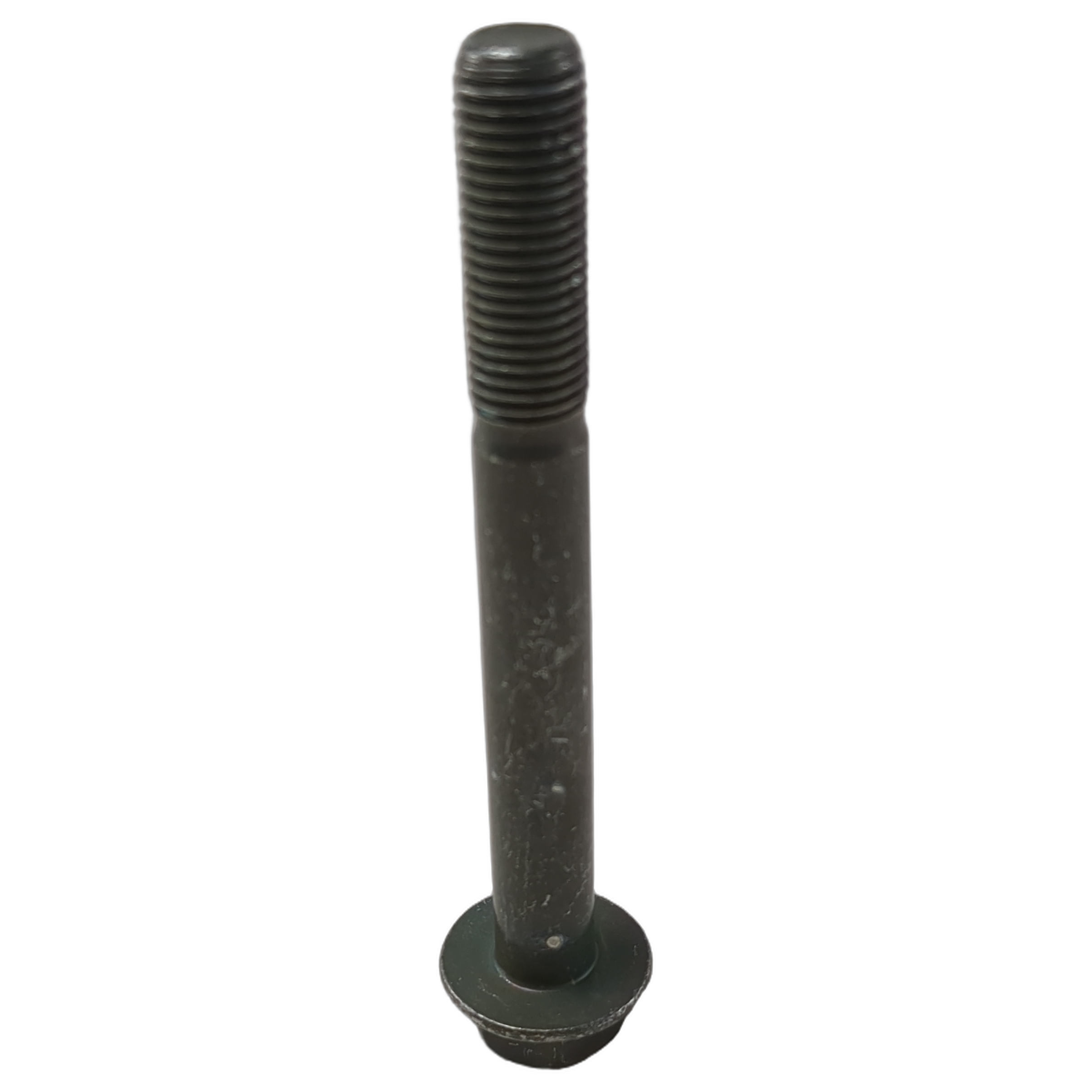 Black hex flange screw with threaded shaft and flat flange head, steel construction.
