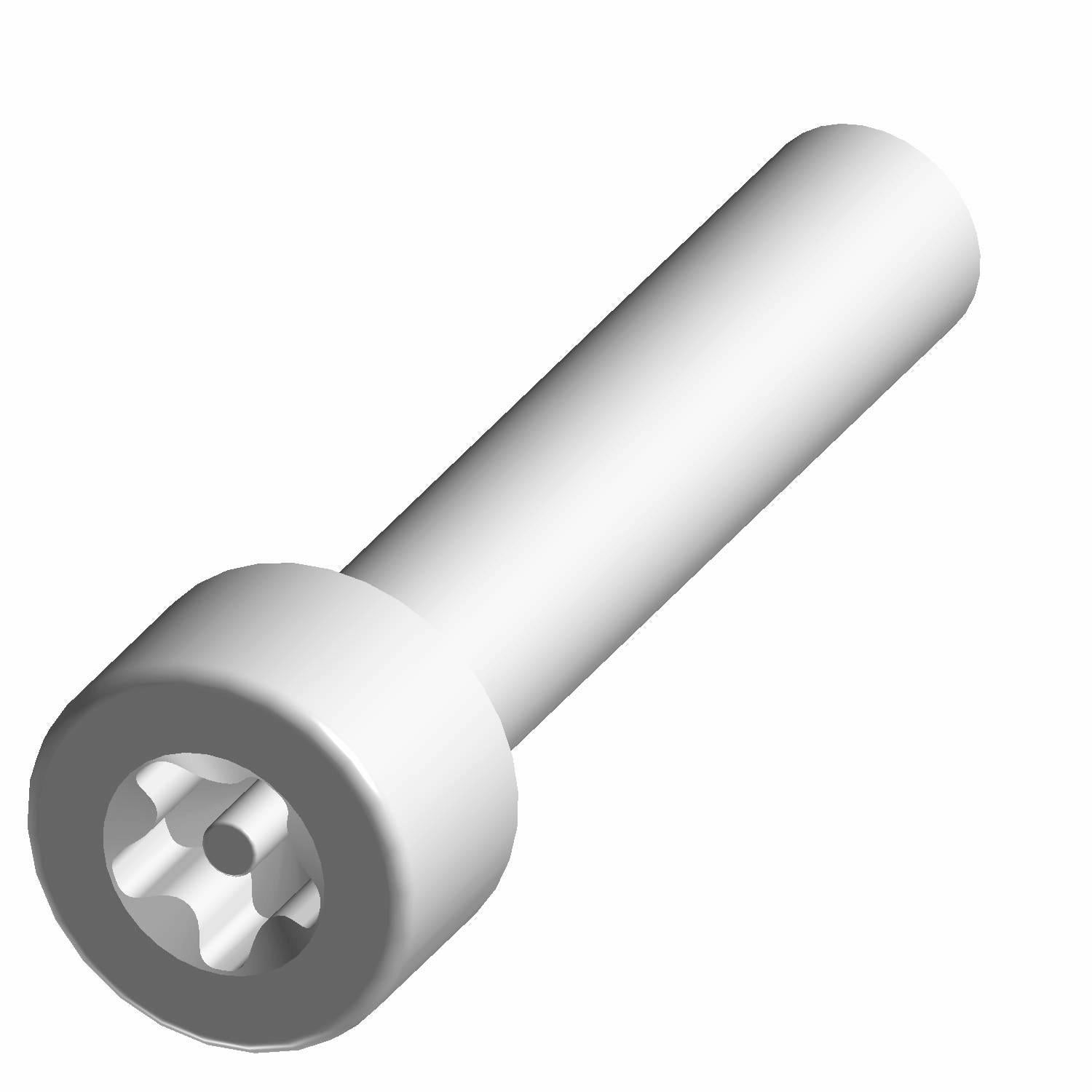 Silver metal Torx screw with a cylindrical shaft and rounded head with star-shaped drive.
