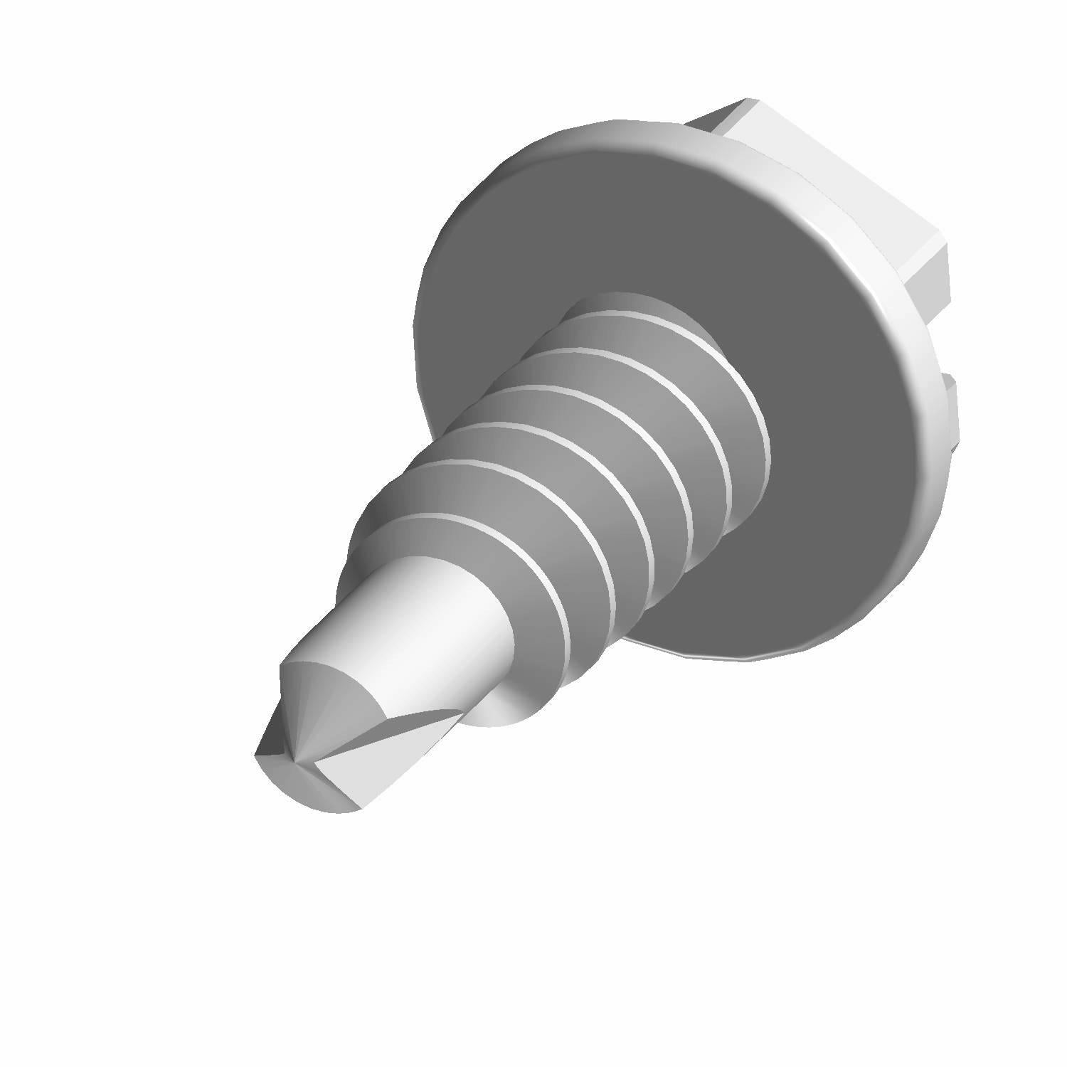 Silver metal screw with wide flat head and short threaded shaft, Phillips drive.