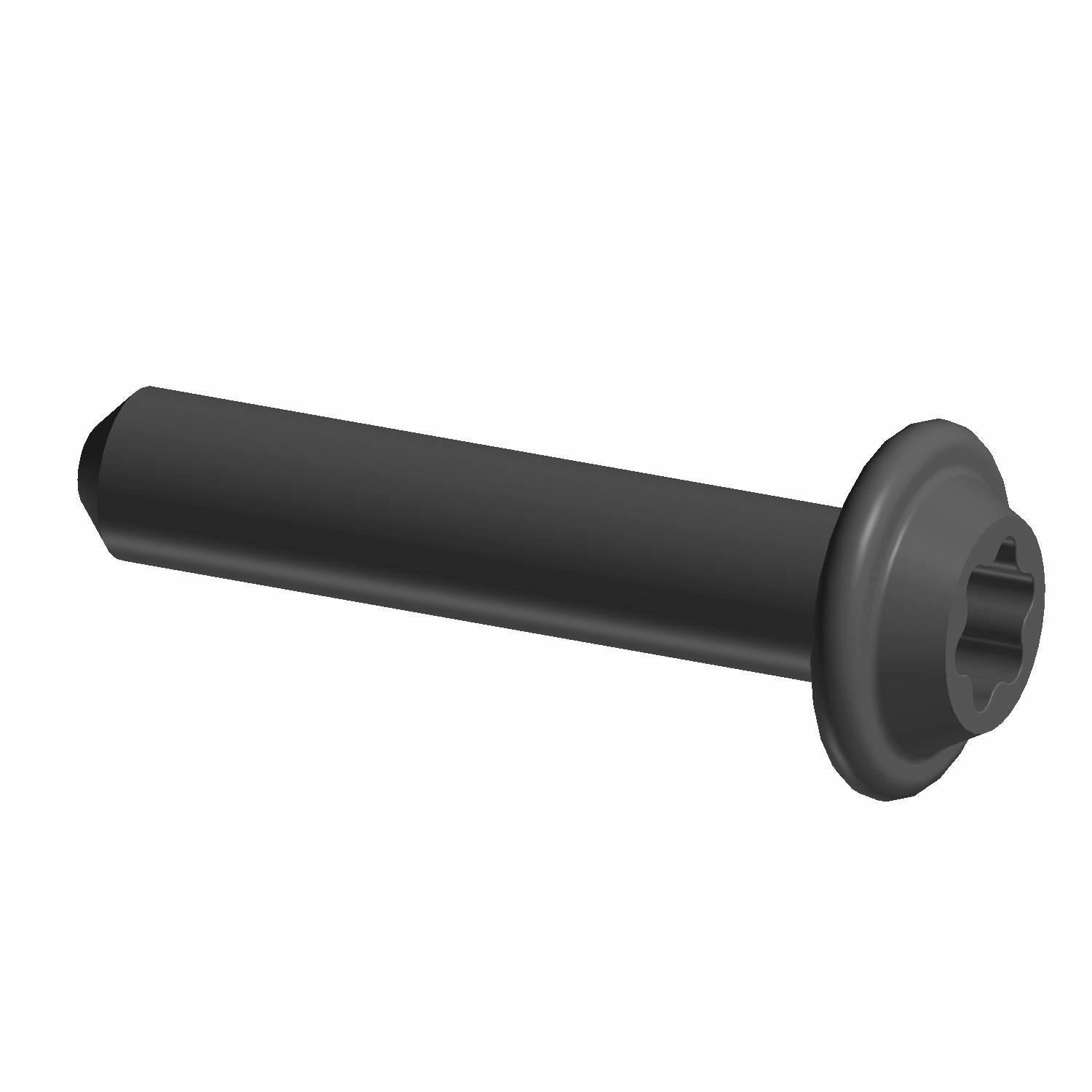 Black Torx button head screw with round flange and cylindrical threaded shaft.