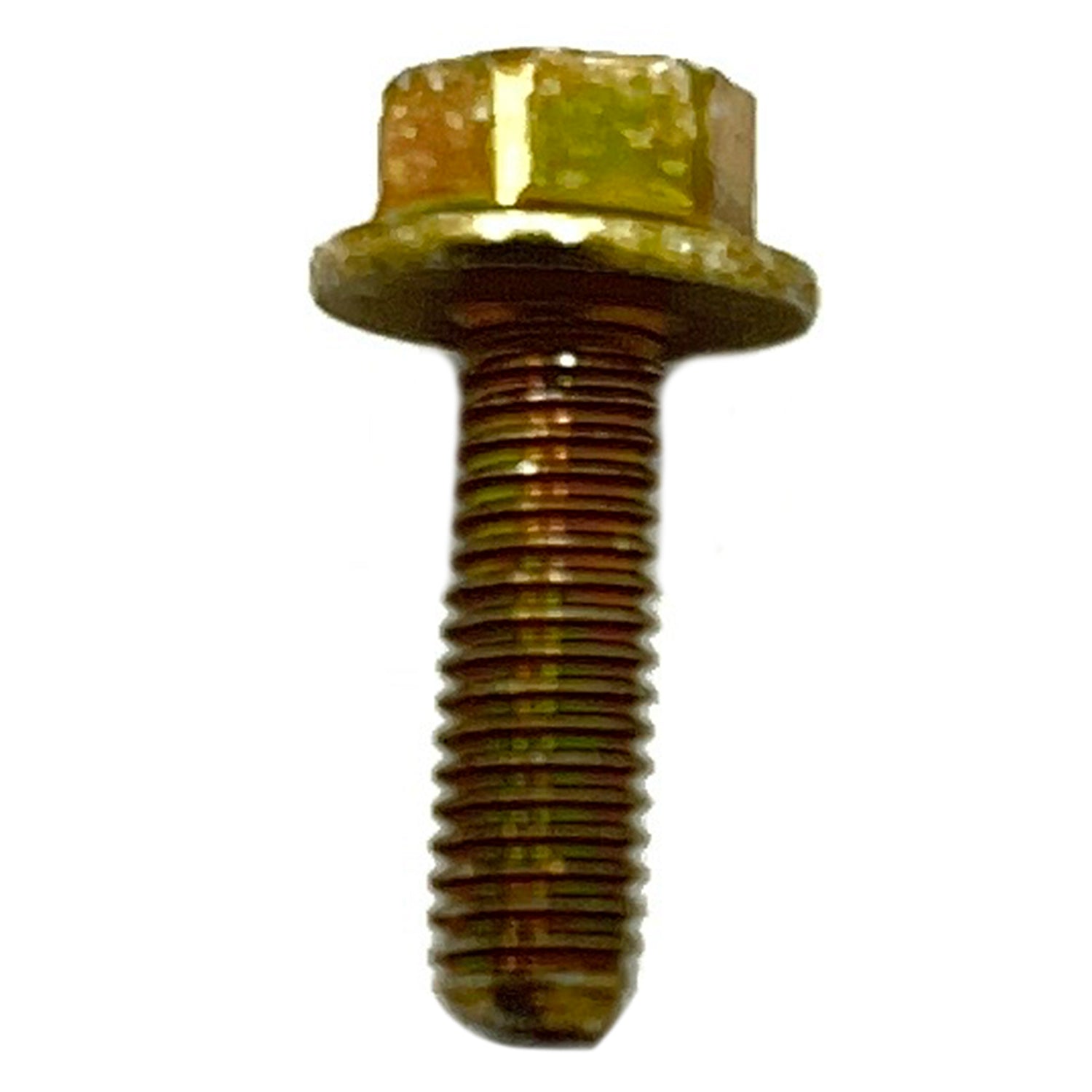 Gold-toned hex flanged screw with M5x0.80x16 threading and partially threaded shaft.