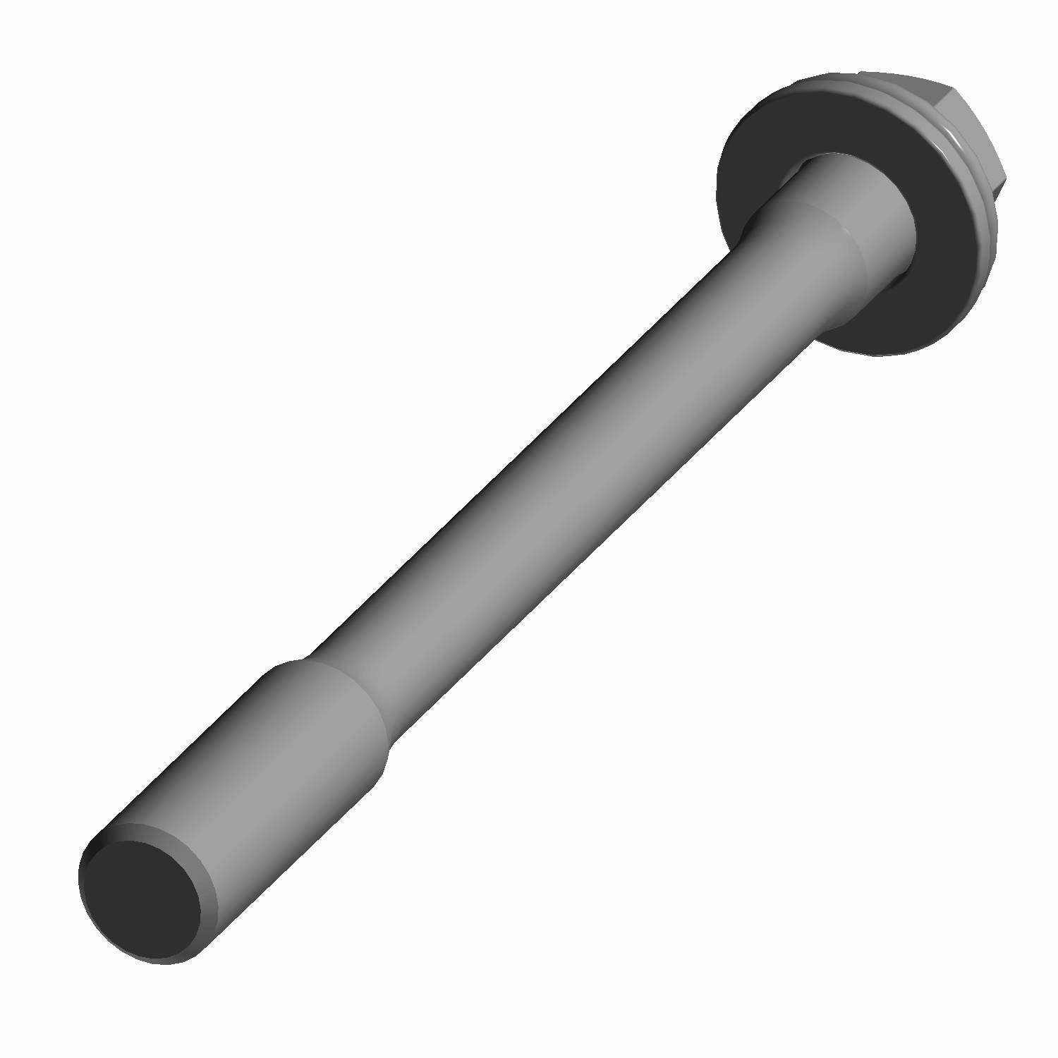 Long gray hex flanged screw with threaded tip and cylindrical shaft, metal construction.