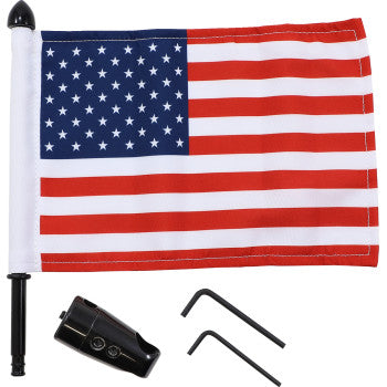 The Flag Mount - Passenger Sissy Bar by Pro Pad features a 9 pole with a 6 x 9 American flag, a black mount, mounting bracket, and two hex keys—all displayed on a white background. Ideal for your sissy bar setup.