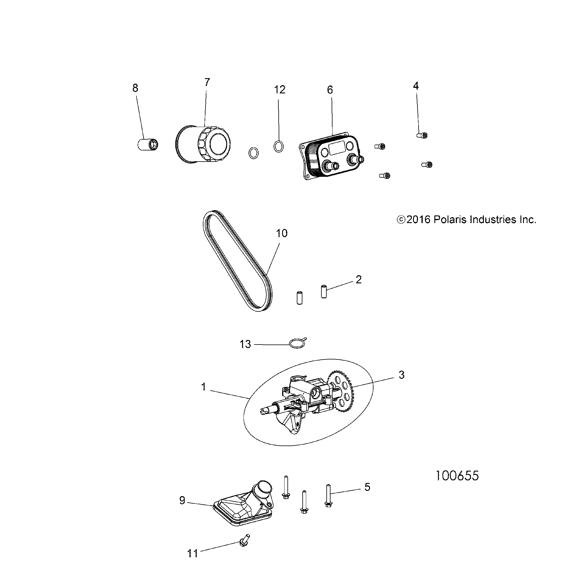 An Image of a Genuine Polaris Parts Schematic Diagram showing the schematic - ENGINE: OIL PUMP and OIL COOLER - 2019 POLARIS ACE 900 EPS XC