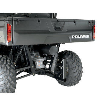 Rear view of a black Polaris UTV with a Moose Utility Receiver Mount for Spreader 2 attached to the cargo bed, highlighting its suspension, rugged tires, and the Polaris logo on the tailgate.