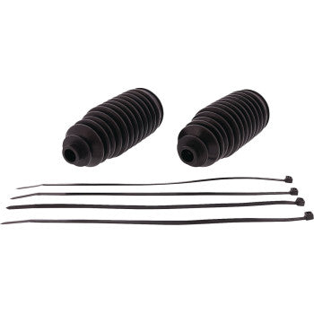 Two black rubber bellows and four black zip ties from the Replacement Boot Kit by Moose Offroad are laid out on a white background.