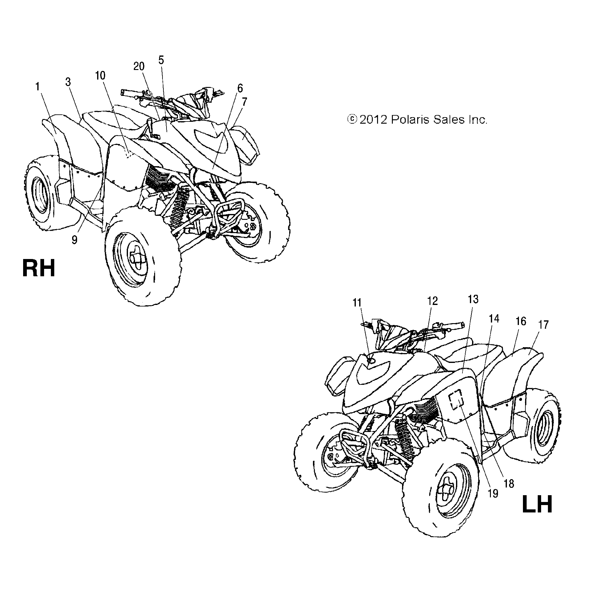 An Image of a Genuine Polaris Parts Schematic Diagram showing the schematic - BODY: DECALS - 2015 POLARIS PHOENIX 200