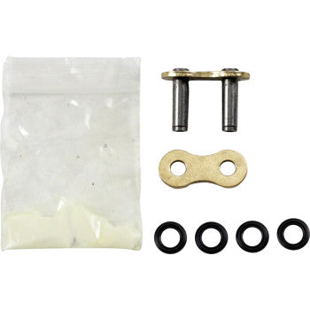 The 520 X1R GB Replacement Master Link Rivet by JT Chains includes a metal connecting link, gold plate, four black O-rings, and a small grease packet—all arranged neatly on a white background.