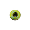 Yellow zinc-plated steel flange nut with internal threading and wide flat base.