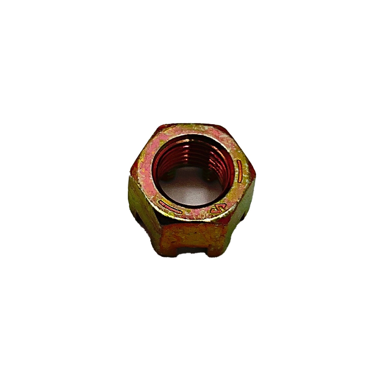 Hexagonal gold-toned metal castle nut with internal threading and notched top design.