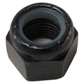 Black hexagonal Nylock nut with internal threading and a blue nylon locking insert.