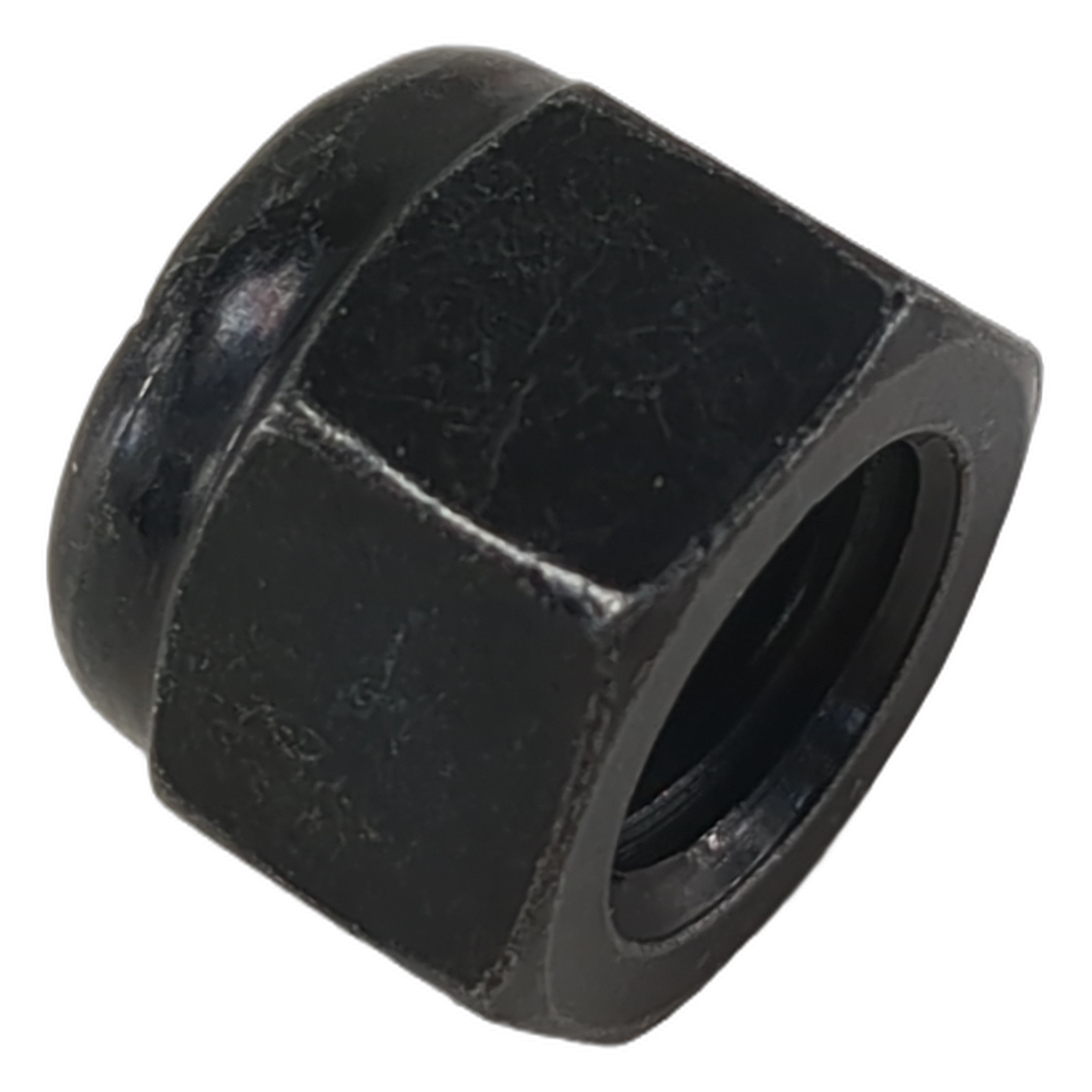 Black hexagonal Nylok nut with nylon locking insert inside threaded hole.