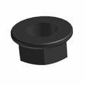 Black flanged lock nut with hexagonal base and wide circular flange top.