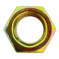 Hexagonal yellow zinc-plated jam nut with internal threading for secure fastening.