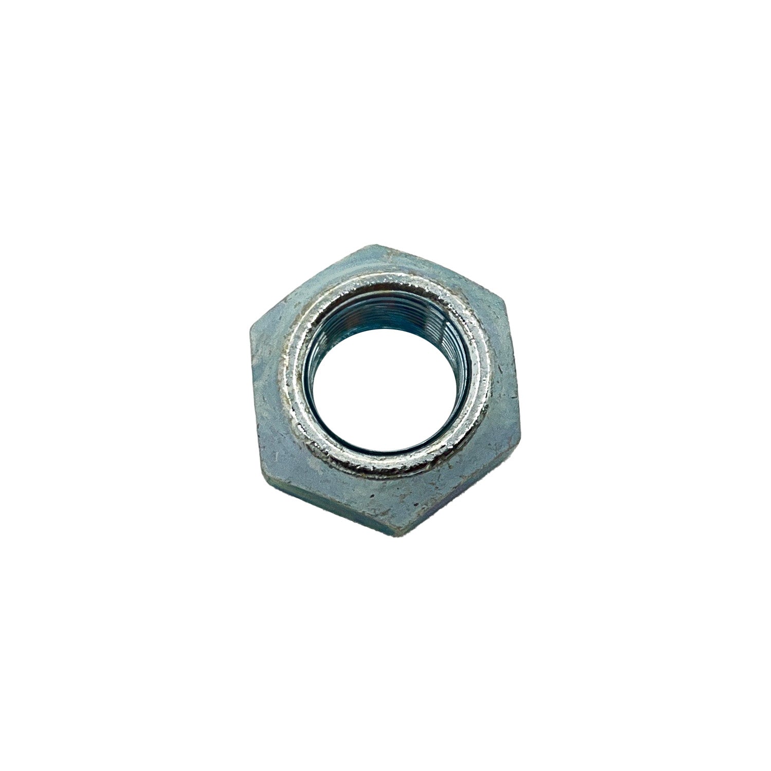 Hexagonal metal nut with threaded center in silver-gray finish.