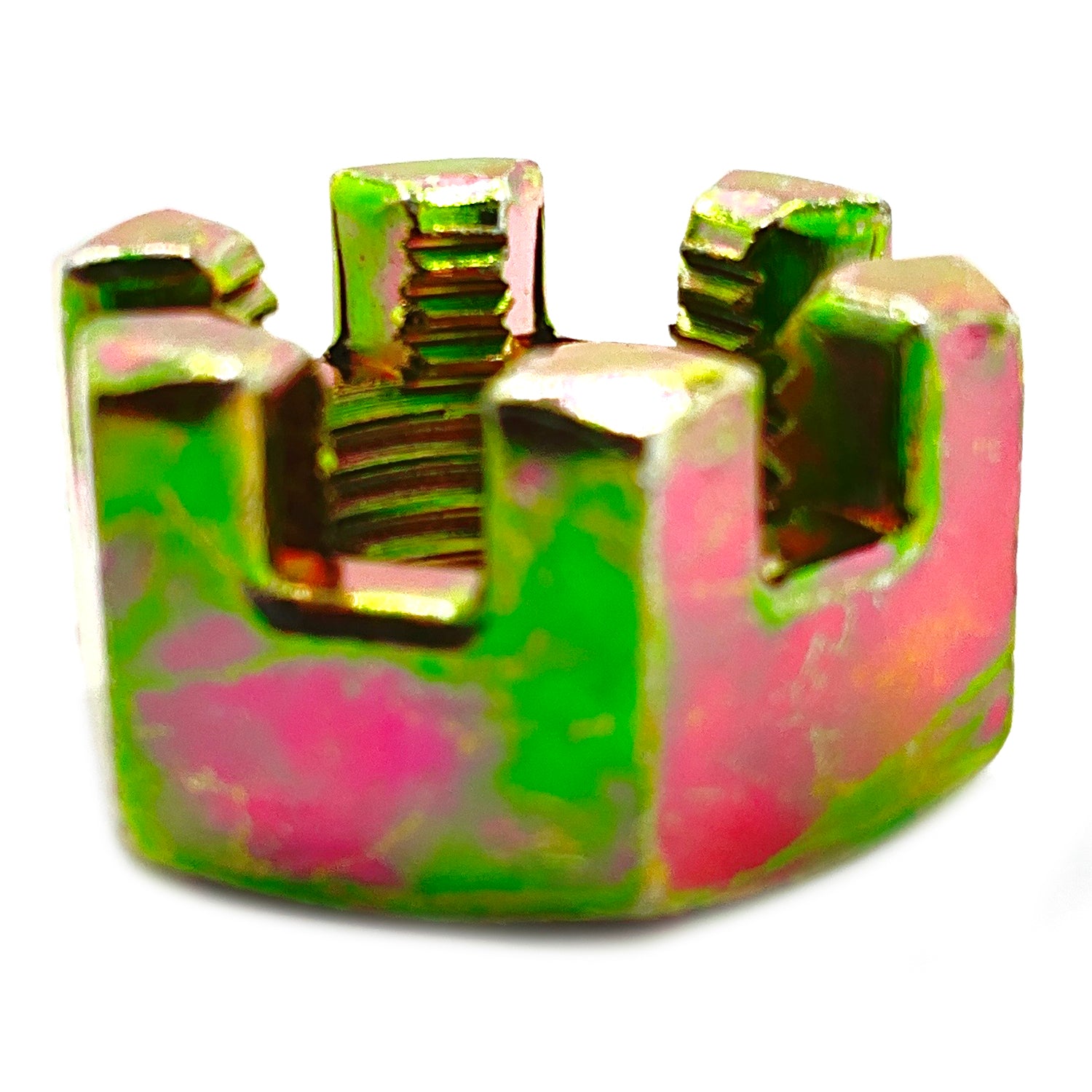 Zinc-plated slotted nut with six slots and internal threading for Polaris ATV and UTV models.
