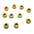 Set of 11 gold-colored hex nuts with internal threading on white background.