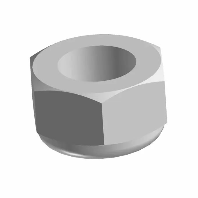 Gray hexagonal nylon lock nut with a flanged base and circular threaded hole.