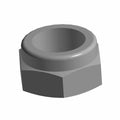 Gray hexagonal metal lock nut with flange and internal thread.
