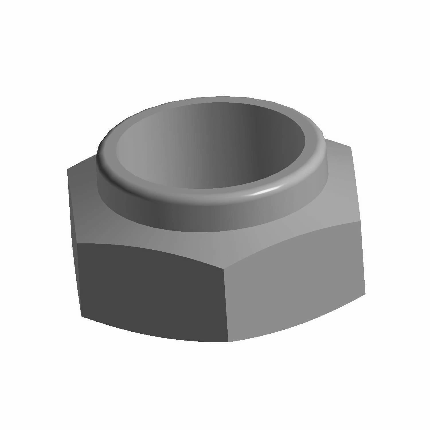 Gray hexagonal nylok lock nut with internal thread and raised collar.