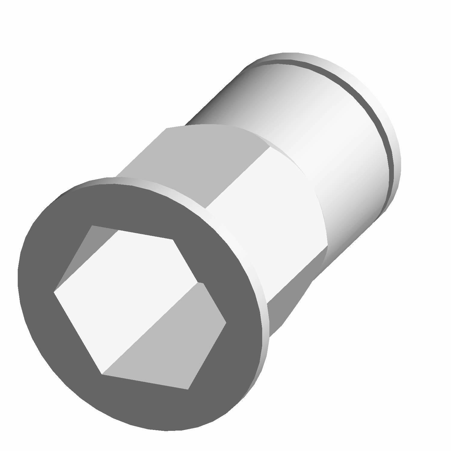 Silver hexagonal nutsert with flanged collar and cylindrical body.