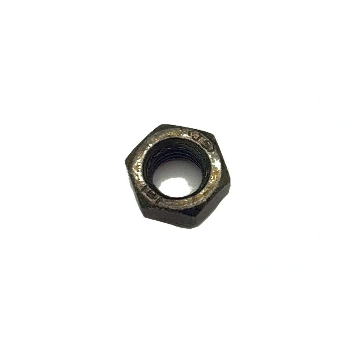 Hexagonal metal nut with a threaded interior, dark gray finish, used for fastening purposes.