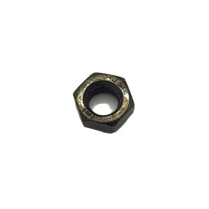 Hexagonal metal nut with a threaded interior, dark gray finish, used for fastening purposes.