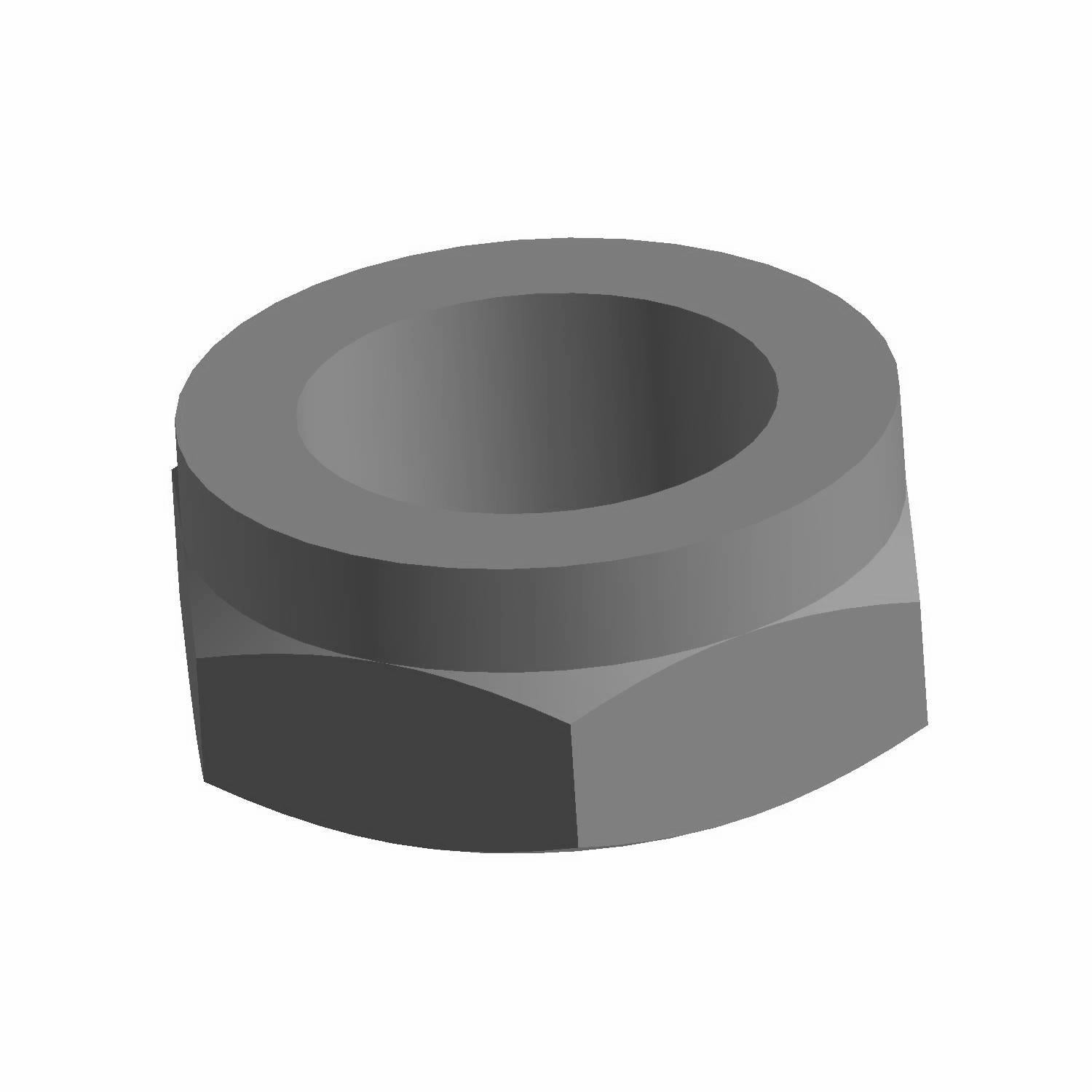 Dark gray hexagonal metal nut with circular threaded hole.
