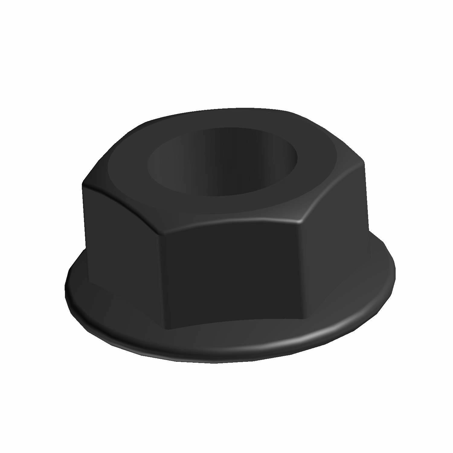 Black hex flanged nut with a smooth base and threaded center hole.