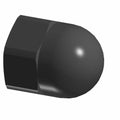 Black hexagonal acorn nut with rounded dome top, smooth metal finish.