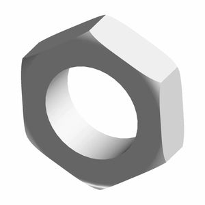 Hexagonal metal jam nut with smooth silver finish and circular threaded center.