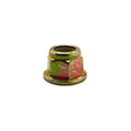 Yellow zinc-plated hex flange nut with threaded center and slightly rounded edges.
