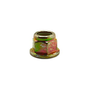 Yellow zinc-plated hex flange nut with threaded center and slightly rounded edges.