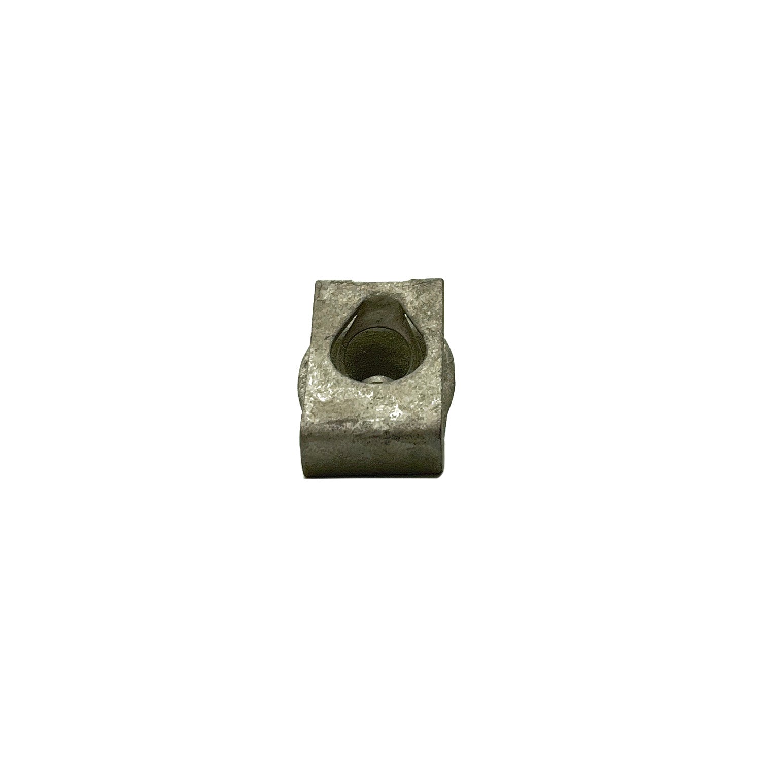 Silver metal U-shaped nut with a threaded center hole, compact and rectangular in shape.
