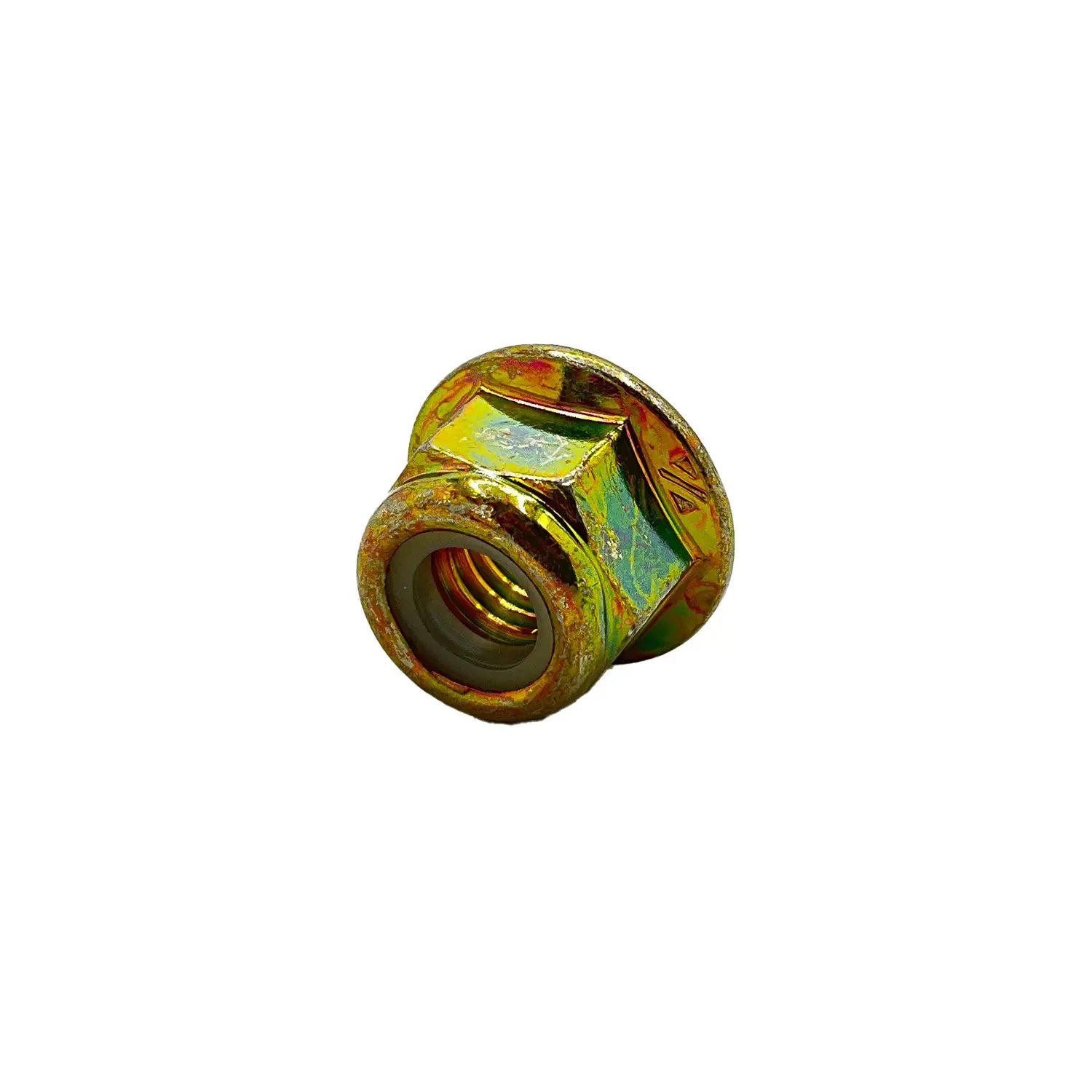 Gold-toned hex flange nylok nut M8x1.25 with nylon lock insert.
