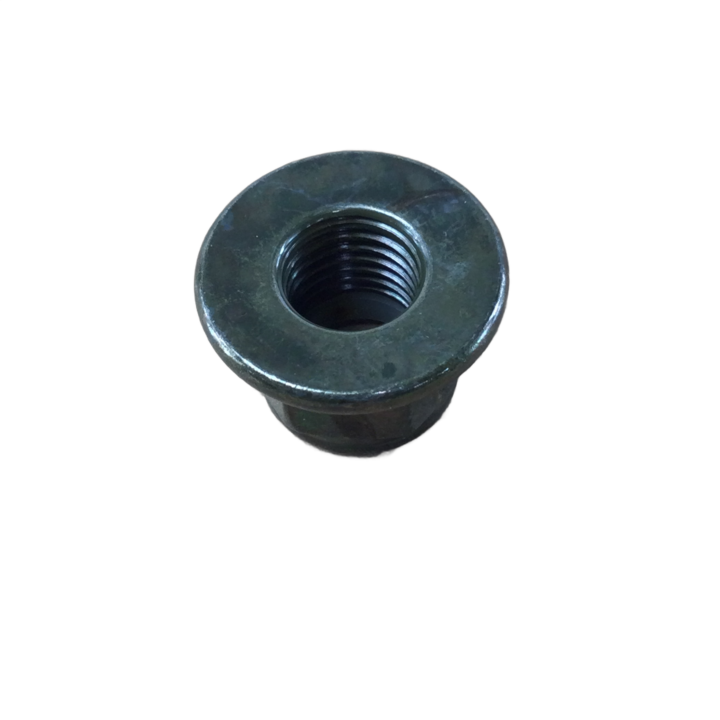 Black metal Nyloc nut with integrated flange and internal threading.