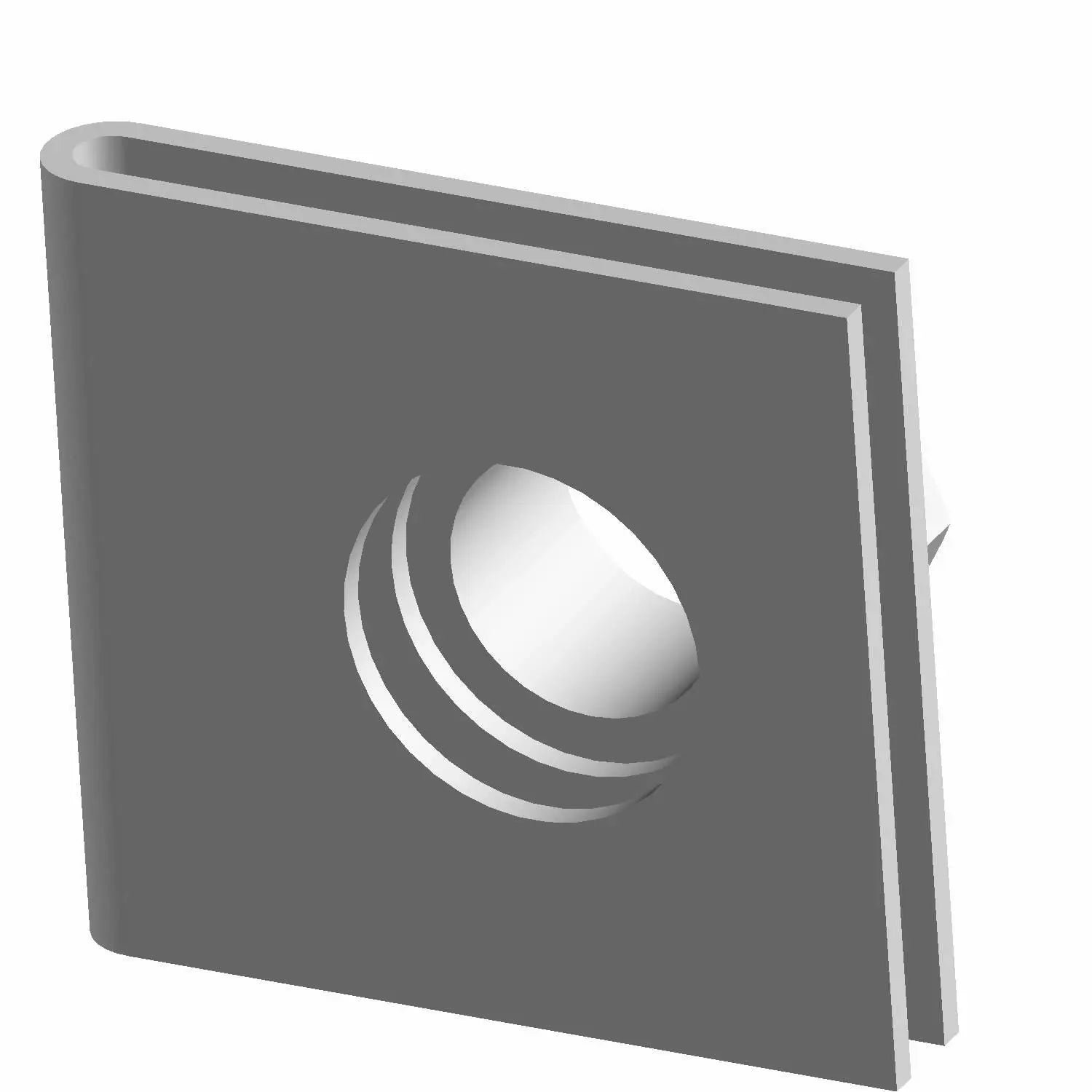 Gray square metal U-nut clip with central threaded hole and bent prongs on back.
