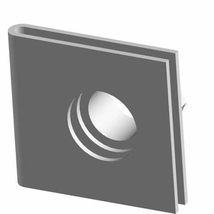 Gray square metal U-nut clip with central threaded hole and bent prongs on back.