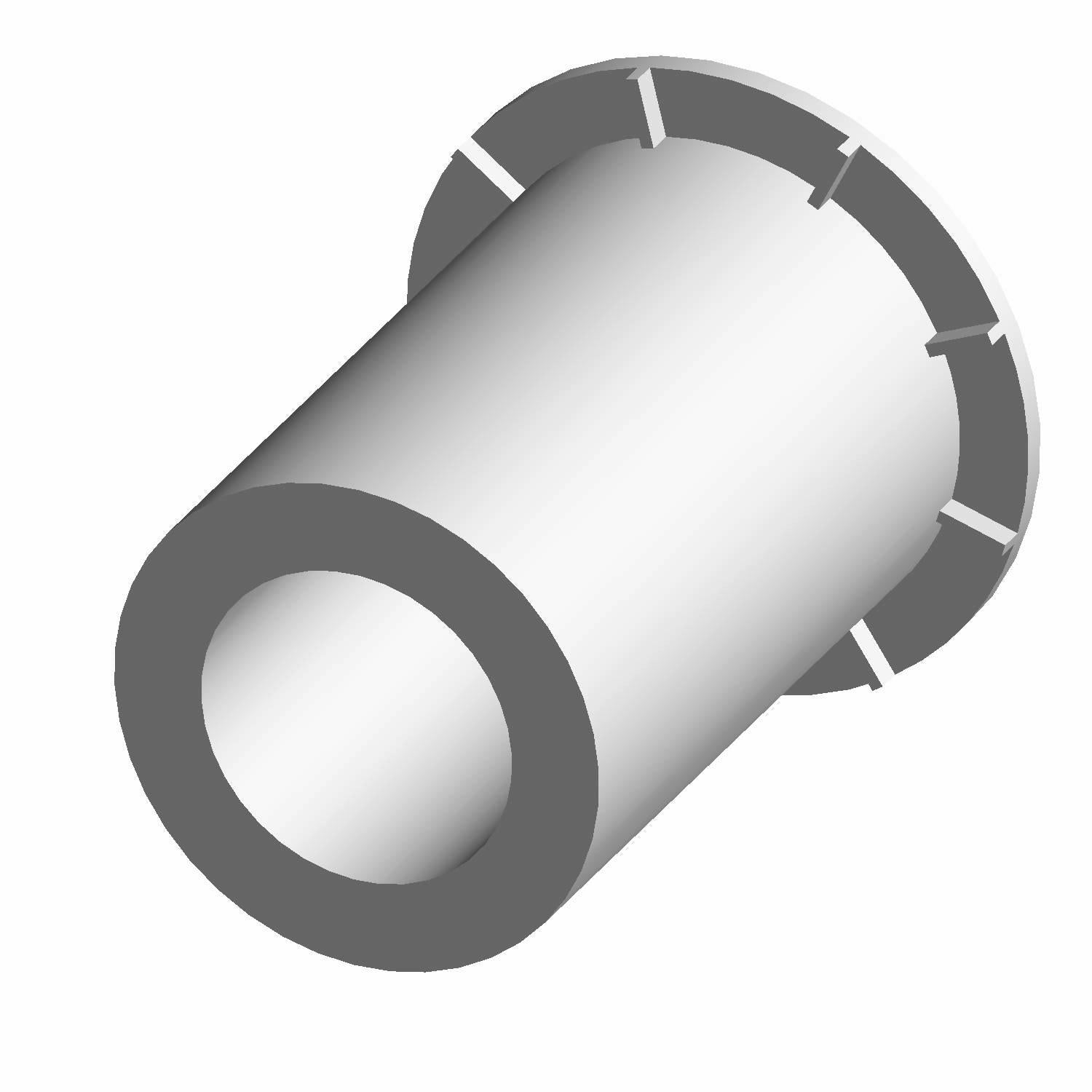 Gray metal cylindrical wedge head insert with flange and angular slots around the base.