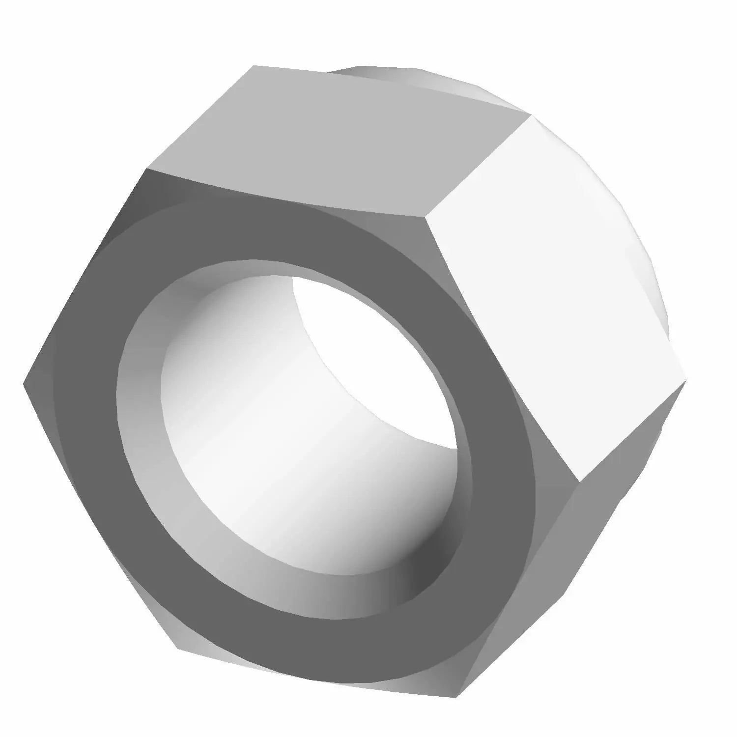 Silver hexagonal metal nut with smooth threaded center and flat sides.