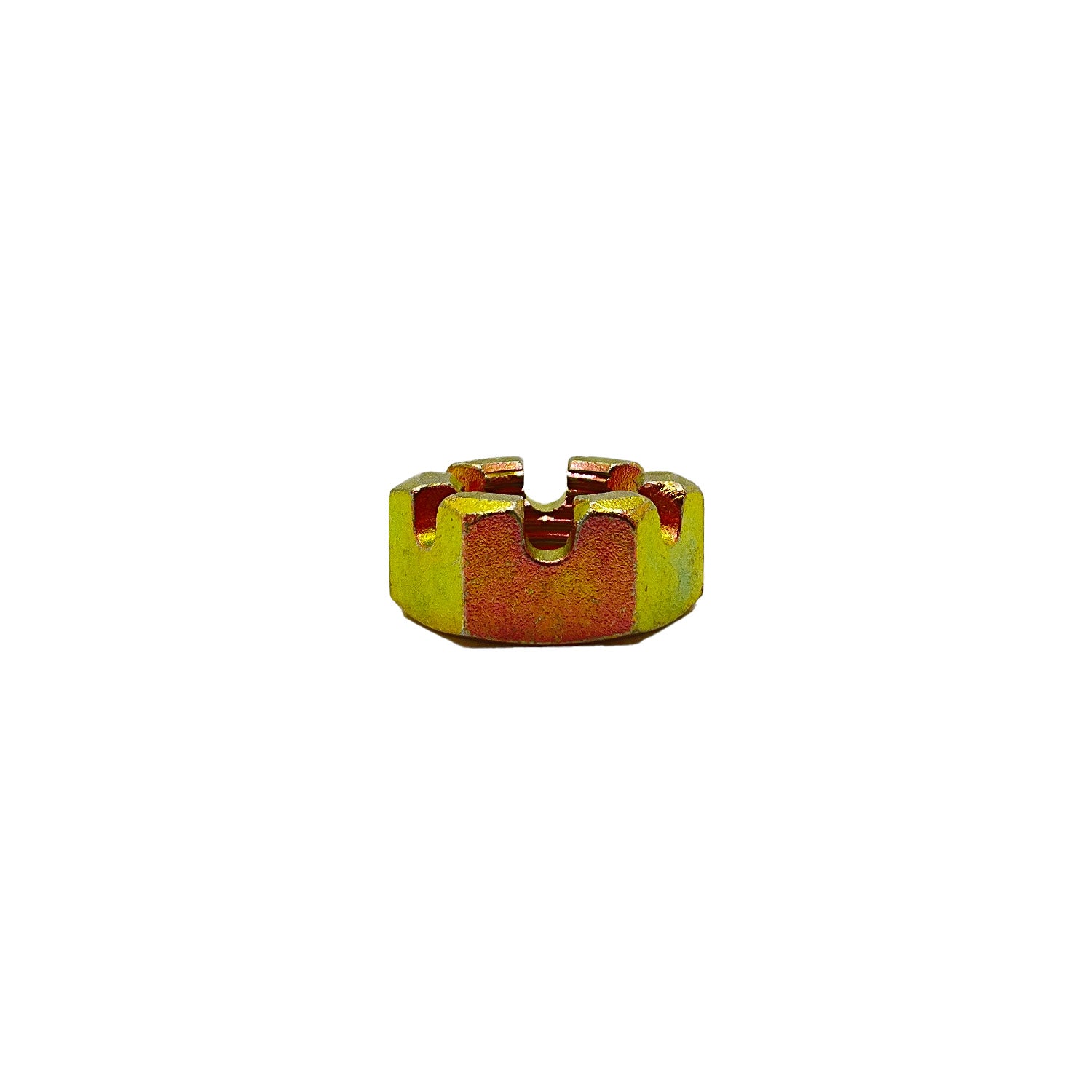 Yellow-gold metallic castellated nut with six slots for securing fasteners.