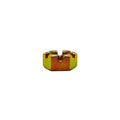 Yellow-gold metallic castellated nut with six slots for securing fasteners.