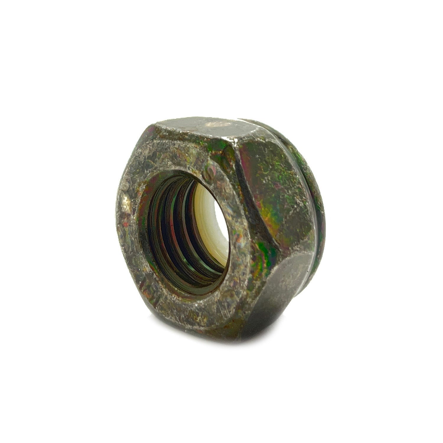 Hexagonal metal nyloc nut with M10 x 1.5 thread, featuring a nylon locking insert.