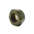 Hexagonal metal nyloc nut with M10 x 1.5 thread, featuring a nylon locking insert.