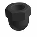 Black metal hex nut with a rounded closed end and six flat sides.