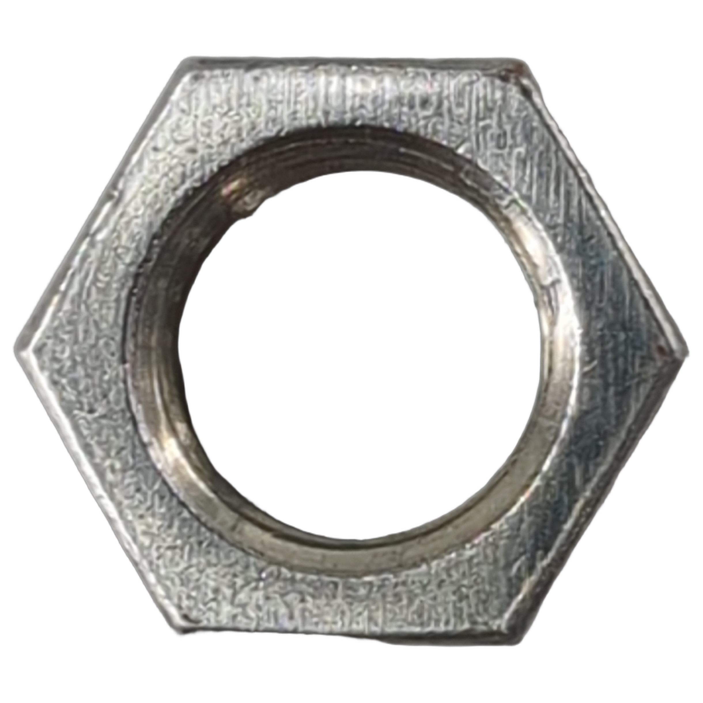 Hexagonal silver metal nut with threaded circular center and smooth reflective surface.