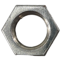 Hexagonal silver metal nut with threaded circular center and smooth reflective surface.