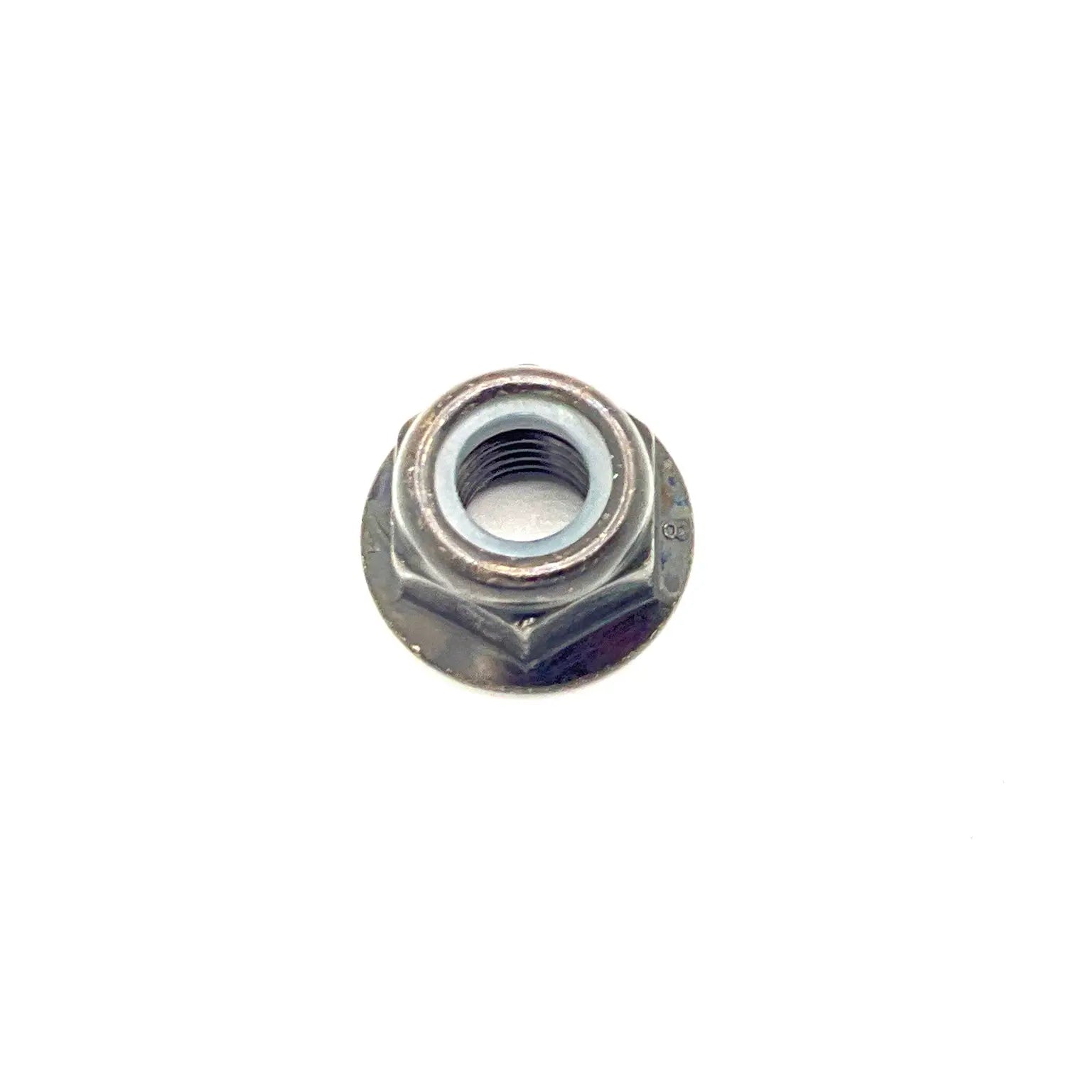 Silver hex flange nut with nylon locking insert, metal construction, M8x1.25 thread size.