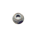 Silver hex flange nut with nylon locking insert, metal construction, M8x1.25 thread size.