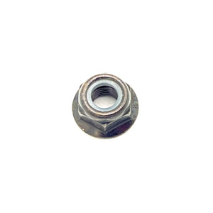 Silver hex flange nut with nylon locking insert, metal construction, M8x1.25 thread size.